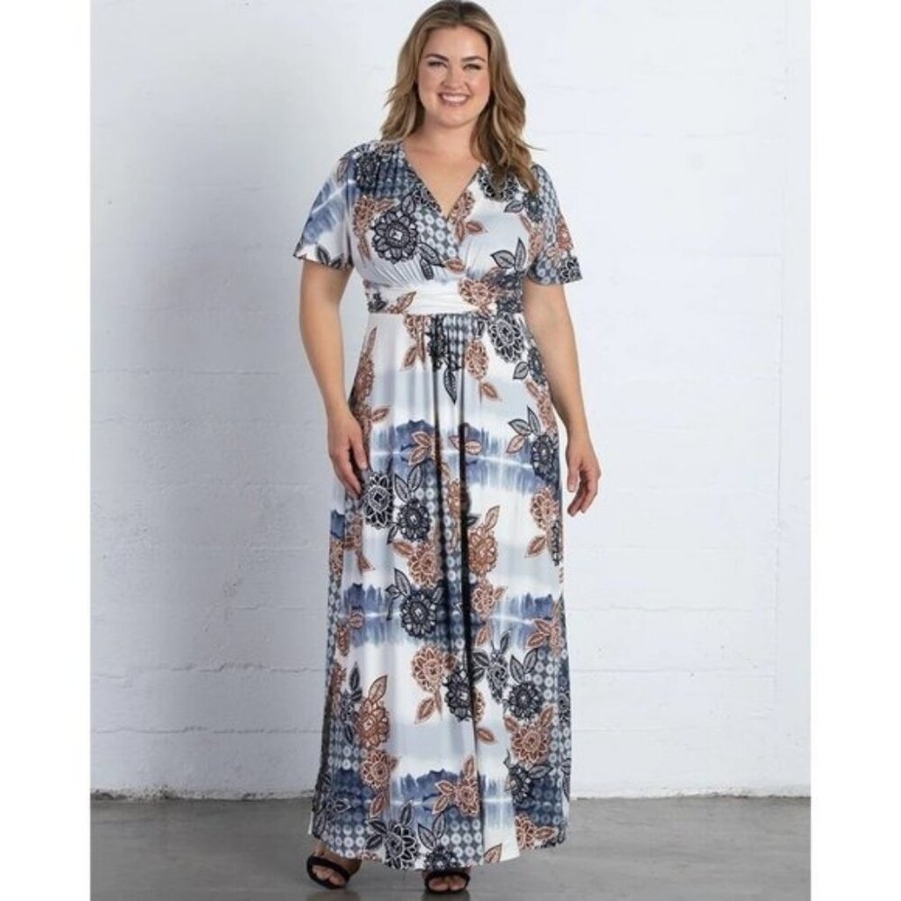 Kiyonna Blue and Brown Floral Maxi Dress
